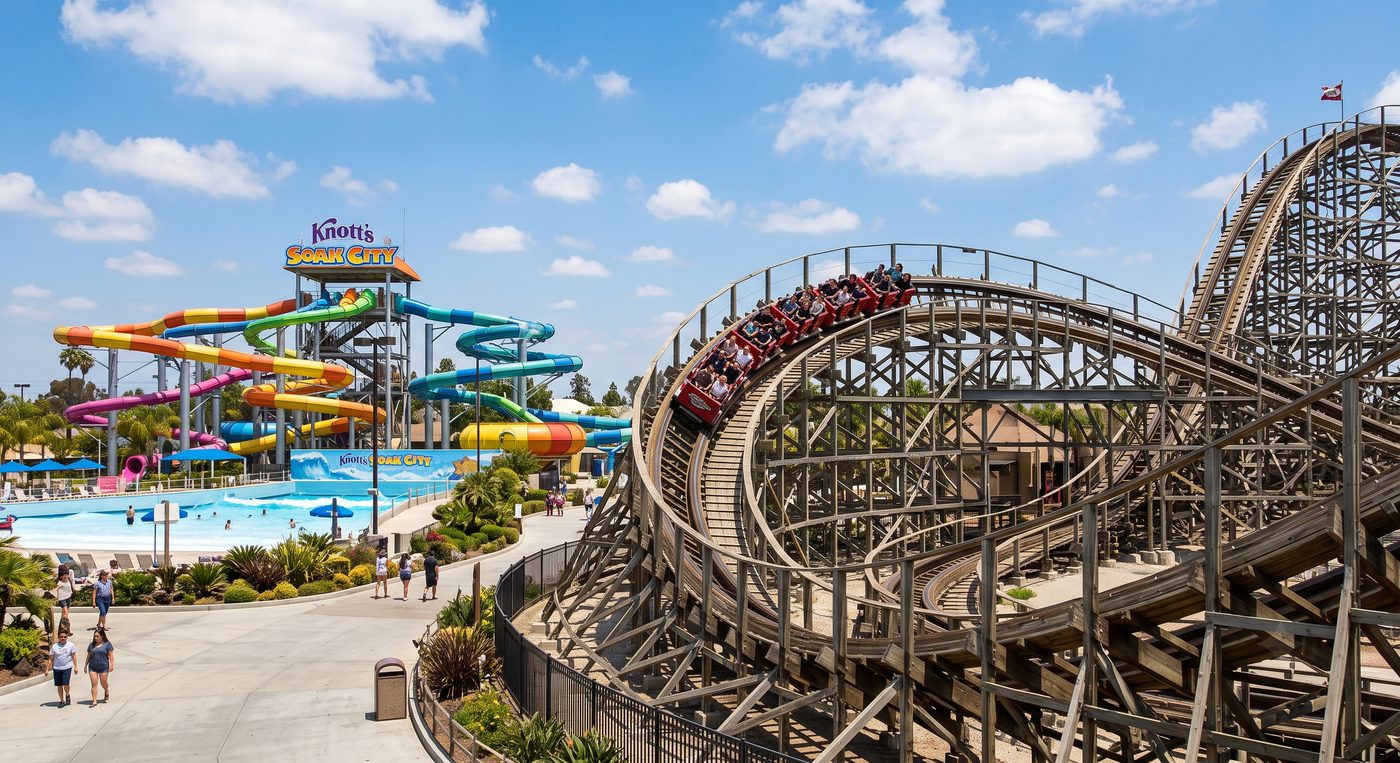 Roller coaster and water park slides at a theme park
