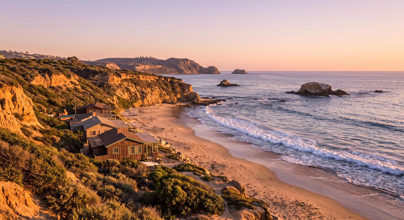 Beachfront cottages at sunset on the Orange County coast