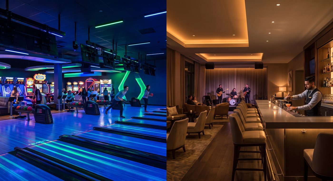 Glow bowling alley and a live music lounge bar