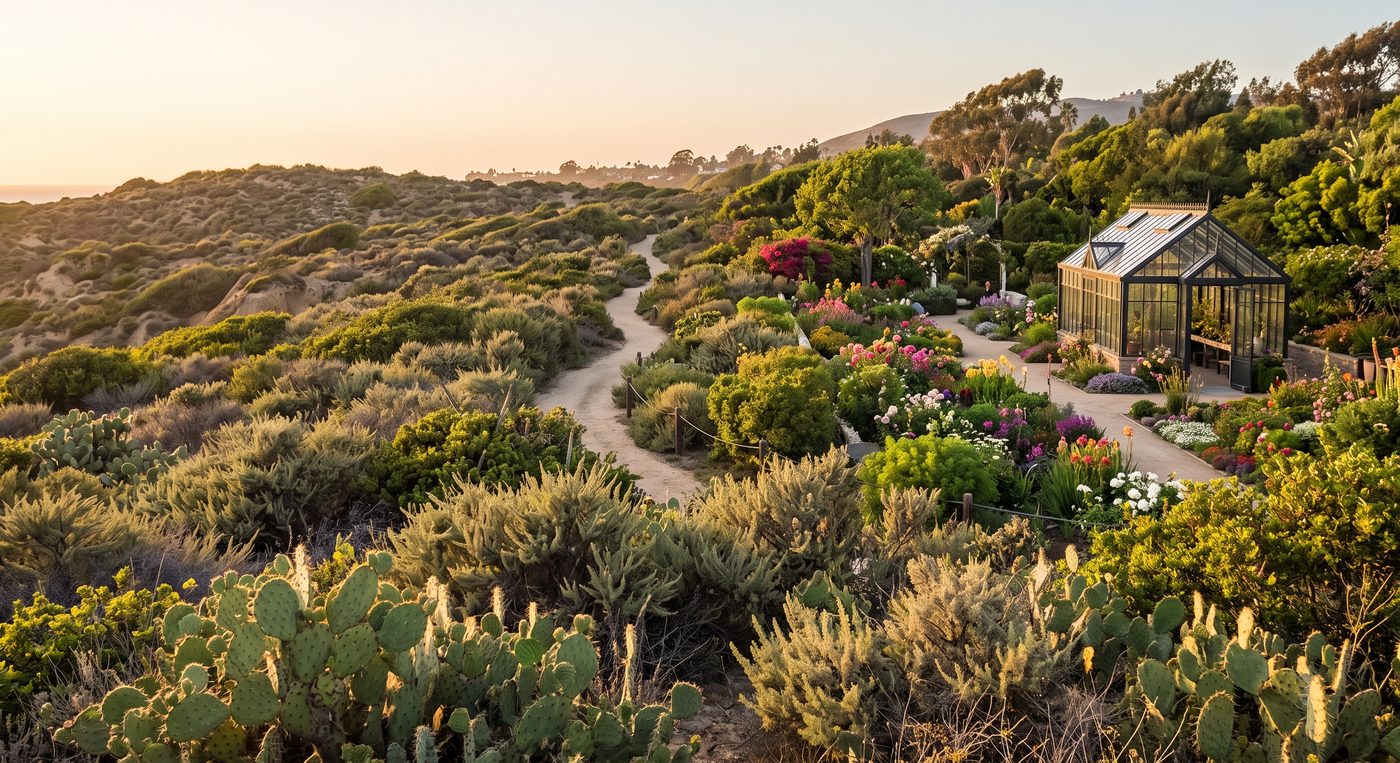 Botanical garden path with a glass greenhouse