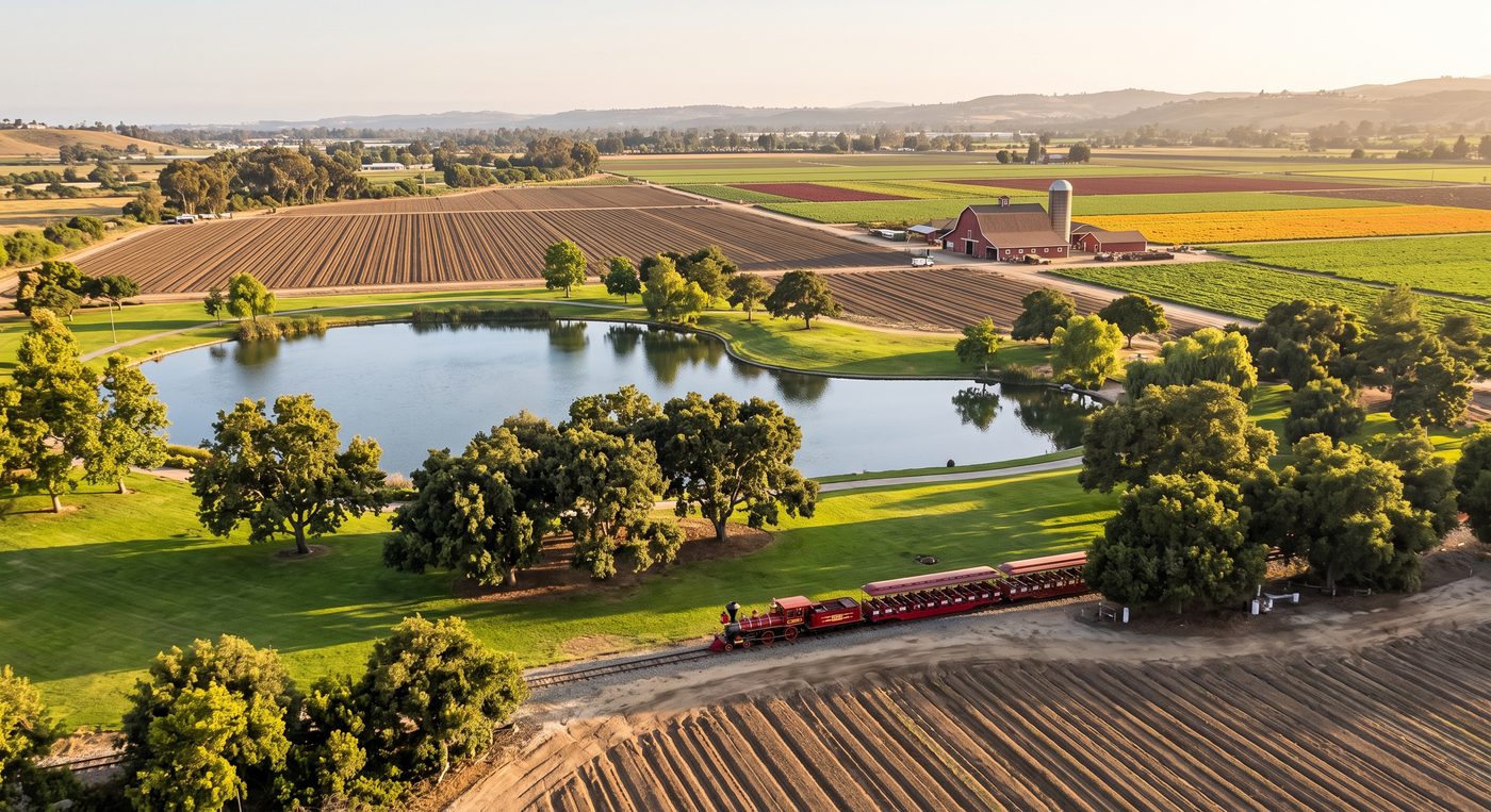 Farm with a red barn, pond, and a small train ride