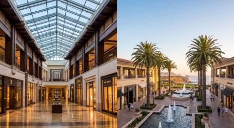 Upscale outdoor shopping center with palm trees and fountains