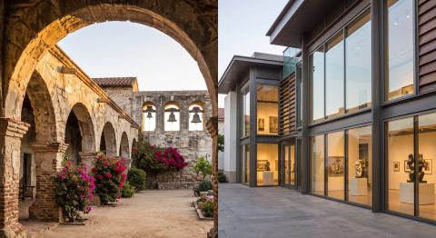 Historic mission architecture alongside a modern art museum