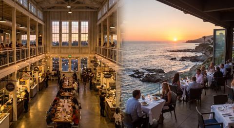Bustling market food hall and an oceanview restaurant at sunset
